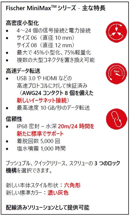 小型、高速データ接続のコネクタ：Fischer MiniMaxTMシリーズがAWG24のイーサネットとIP68の防水性能（水深20m/24時間）に対応